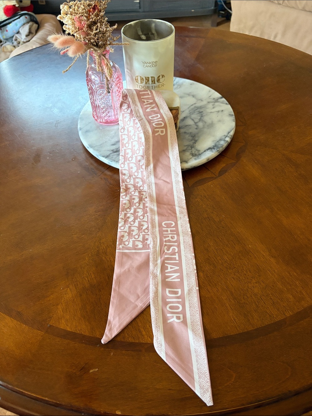Reversible Pink Christian Dior Logo Silk Hair Twilly